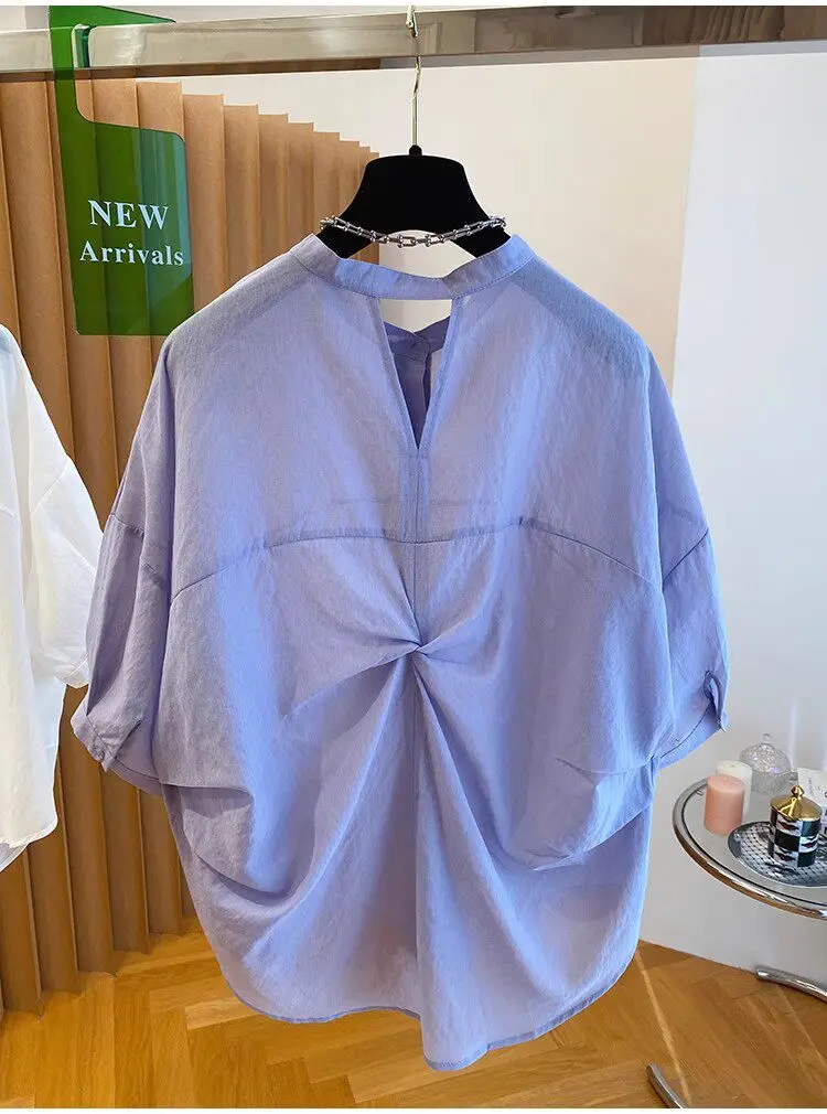 

Loose Fit Casual Style Purple Back Knot Shirt Unisex Summer Fashion Small Top Large Size 2300 Pounds Versatile Design Shirt
