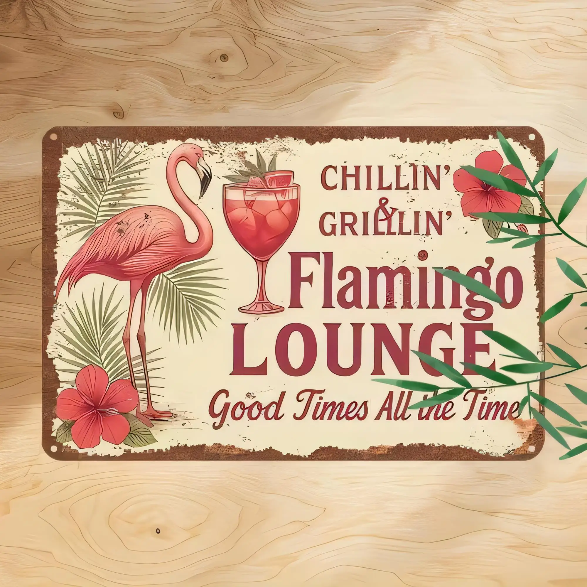 Tin Sign Flamingo Lounge Wall Decor, Chiliin Grillin Flamingo Good Times All the Time Vintage Metal Poster for Bar Pub Patio, Tr