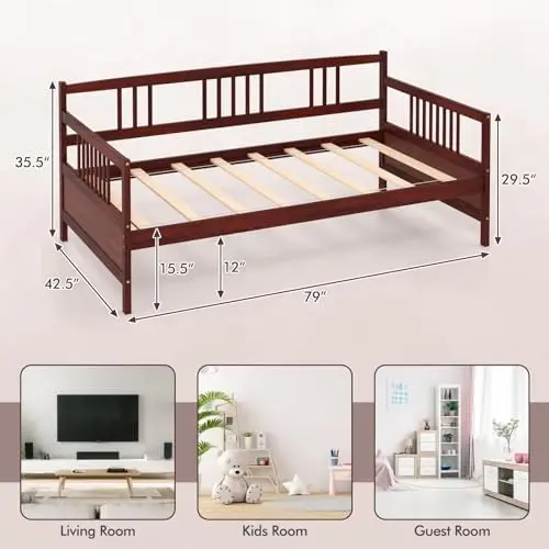 Twin Daybed, Pine Wood Daybed with 3-Side Rails & 10 Support Slats, Under Bed Storage Space, 2-in-1 Sofa Bed Frame for