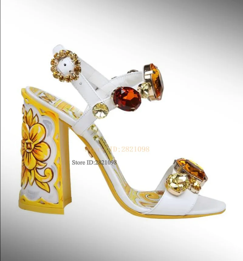 

Patent Sandal with Applied Stones Chunky Heeled High Heel Sandals Women Narrow Band Flower Printed Crystal Summer Party Shoes