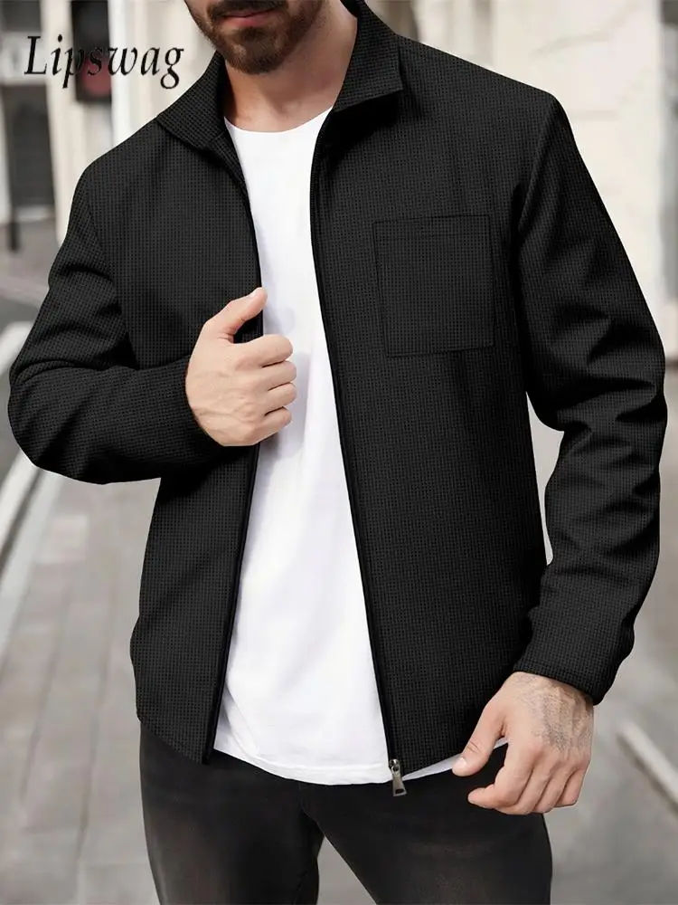 

Fashion Men's Waffle Texture Coats Spring Autumn Daily Leisure Solid Color Outerwear Mens Vintage Zip-up Turn-down Collar Jacket