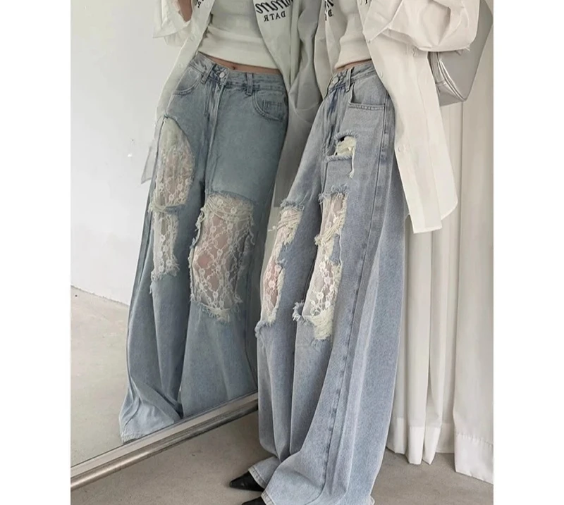 الرجعية الأمريكية ممزق الدانتيل تقسم ​ ​ جينز نسائي فضفاض بأرجل واسعة 2025 تصميم صيفي بنطال مستقيم عالي الخصر