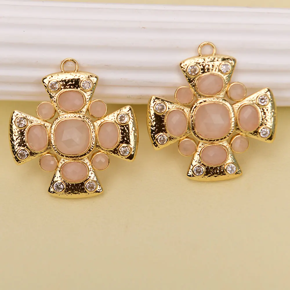 APDGG 2 Pcs Natural Pink Rose Quartz Cross Gold Plated Stone Pendant Jewelry Making DIY