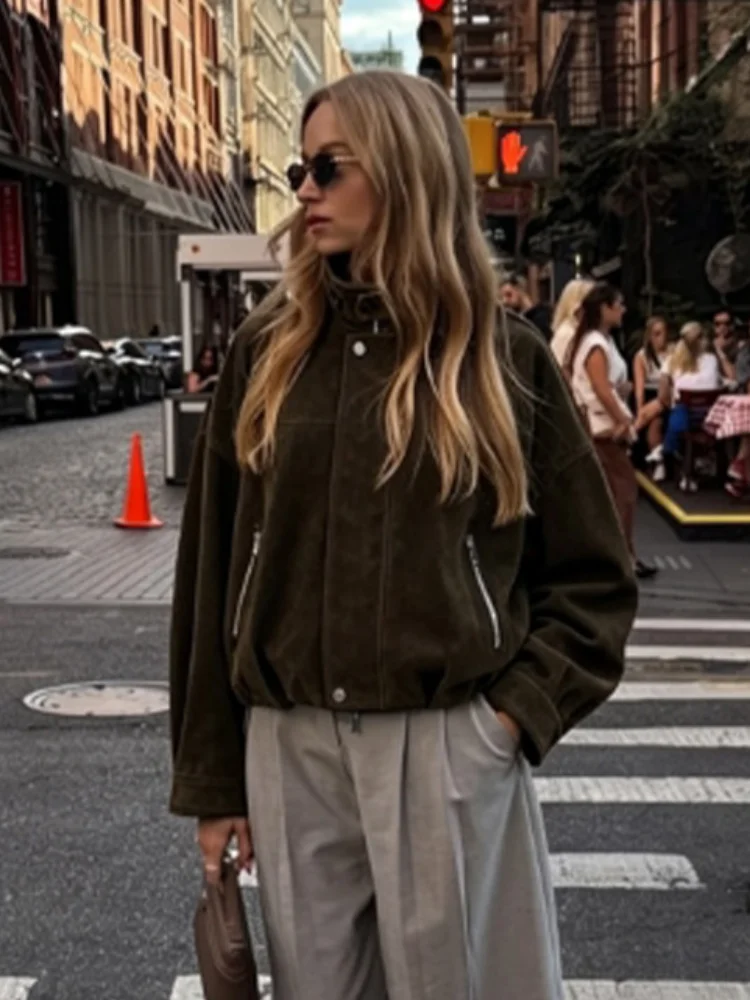 Fashion Suede Fabric Stand Collar Long Sleeve Elastic Waist Zip Cropped Jacket 2026 Autumn Women Outerwear Causal Lady Coat