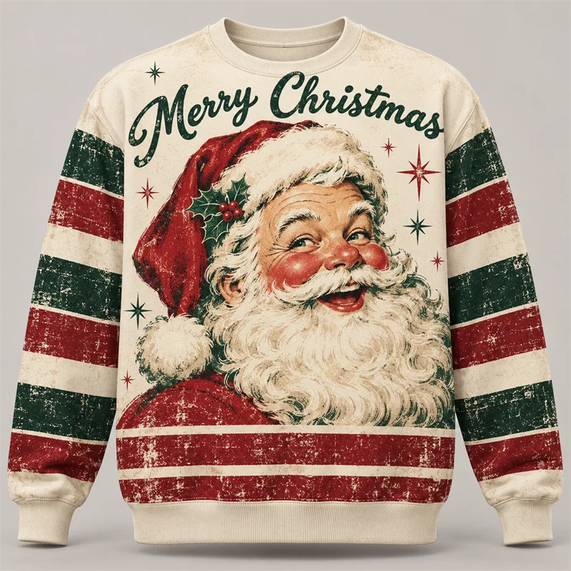 Retro Christmas Sweatshirt Men Santa Claus Reindeer Sleigh Winter Forest Striped Print Crewneck Long Sleeve Holiday Pullover