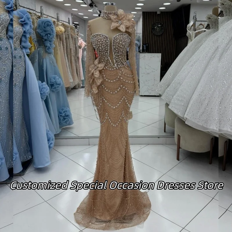 فساتين سهرة مخصصة من الكريستال الشامبانيا للنساء رائعة مصنوعة يدويًا من الزهور لحفلات الزفاف فستان طويل حورية البحر للحفلات الراقصة