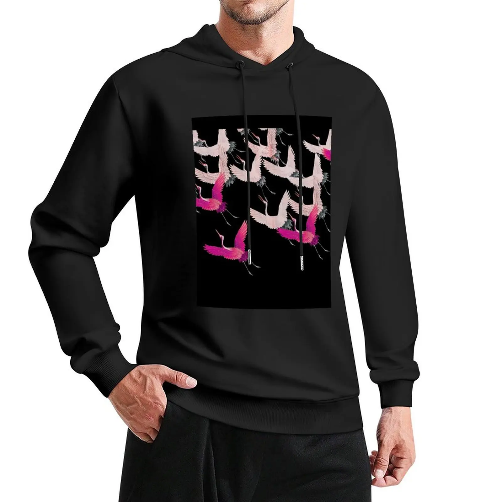 

ЧЕРНЫЙ пуловер с капюшоном FLYING PINK WHITE CRANES IN BLACK, одежда в корейском стиле, новые толстовки и свитшоты