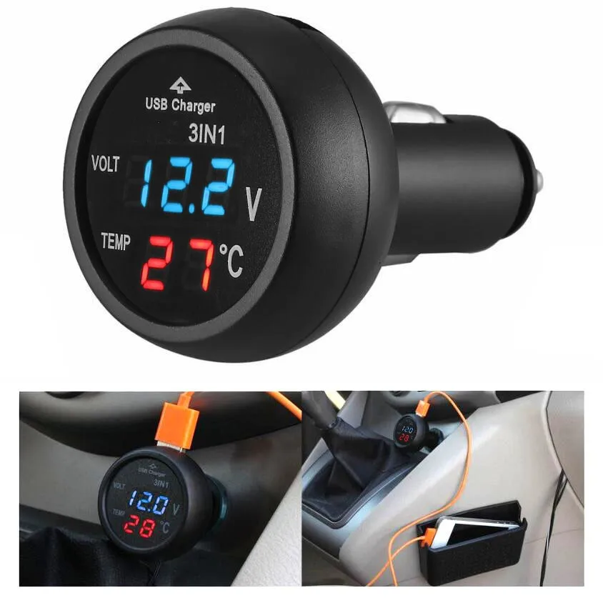 3 In 1 Car Voltage Meter USB Charger Temperature Monitor 12V 24V LED Light Digital Voltmeter Thermometer Cigarette Ligter Gauge