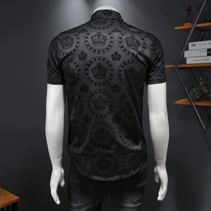 Summer Top Shirts Business Formal Dress Camisa Social Masculina Flower Shirt Luxury Black Crown Flocking Short Sleeve Shirt Men