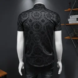 Summer Top Shirts Business Formal Dress Camisa Social Masculina Flower Shirt Luxury Black Crown Flocking Short Sleeve Shirt Men