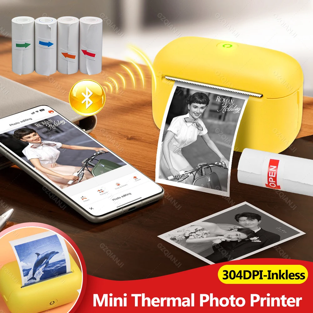 

Мини-термопринтер для фото 300dpi, без чернил, с Bluetooth, для iOS и Android, портативный, для печати наклеек и этикеток своими руками