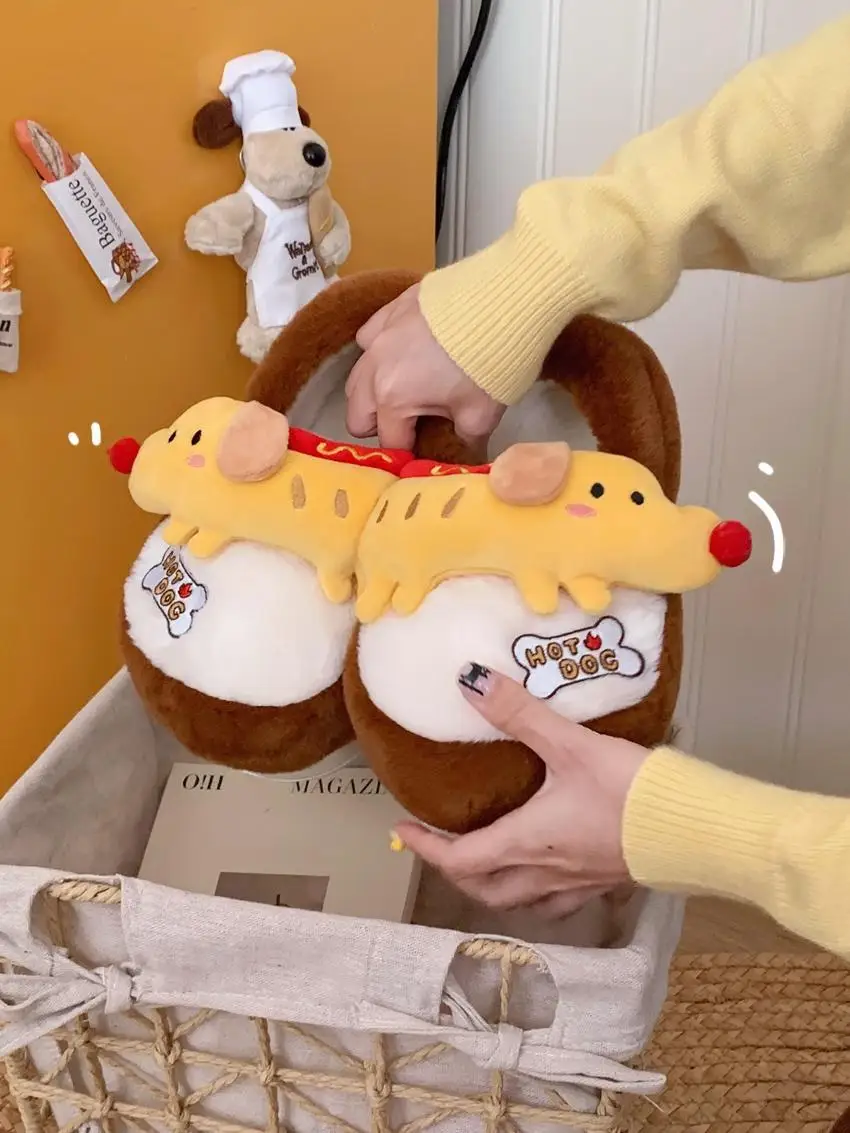 Funny Instagram Cute Little Dog Cotton Slippers Women's Winter Warm Velvet And Anti Slip Home Slippers Indoor Household Shoes