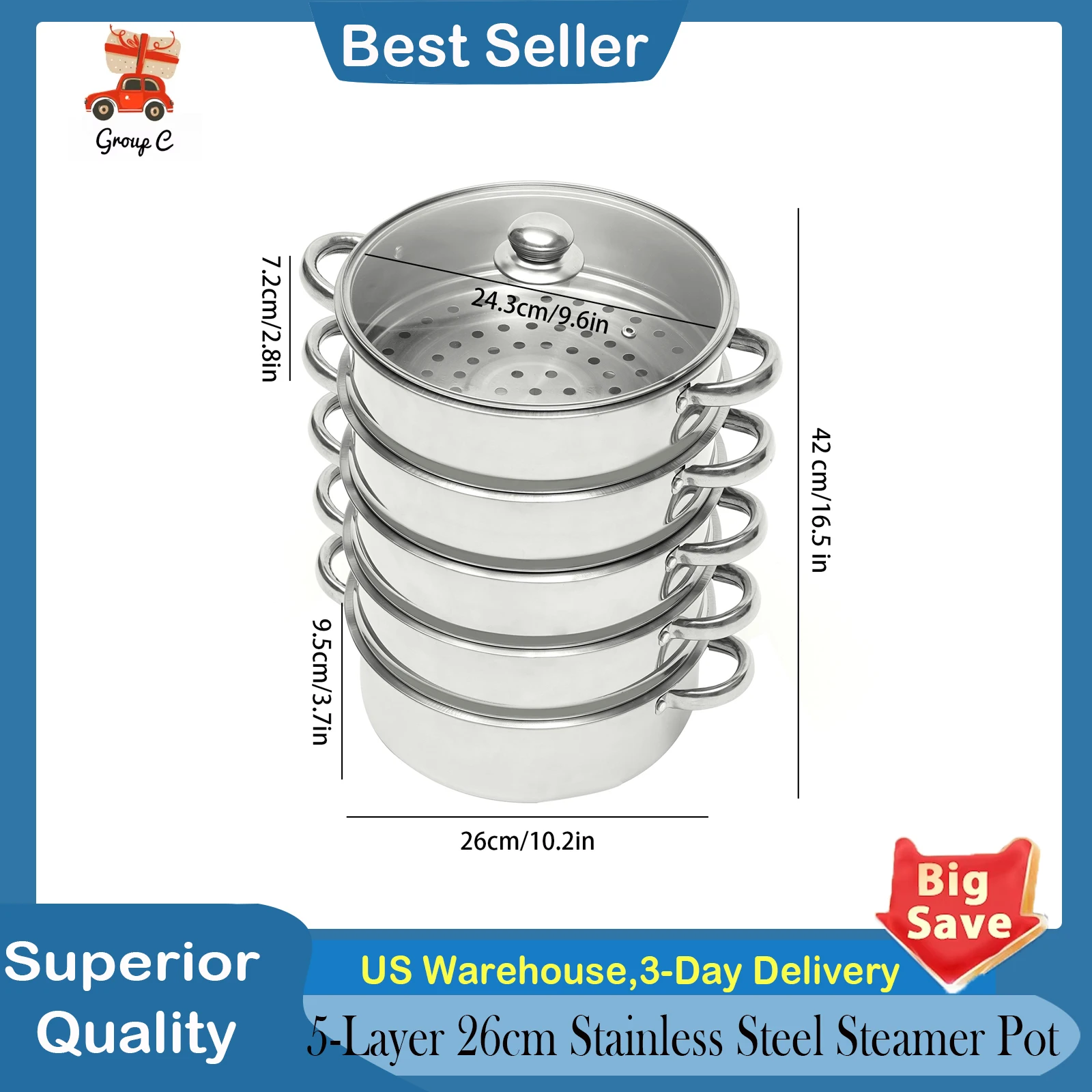 

5-Layer 26cm Stainless Steel Steamer Pot for Cooking,304 Food Grade Steamer with Glass Lid,Large Capacity Kitchen Steamer