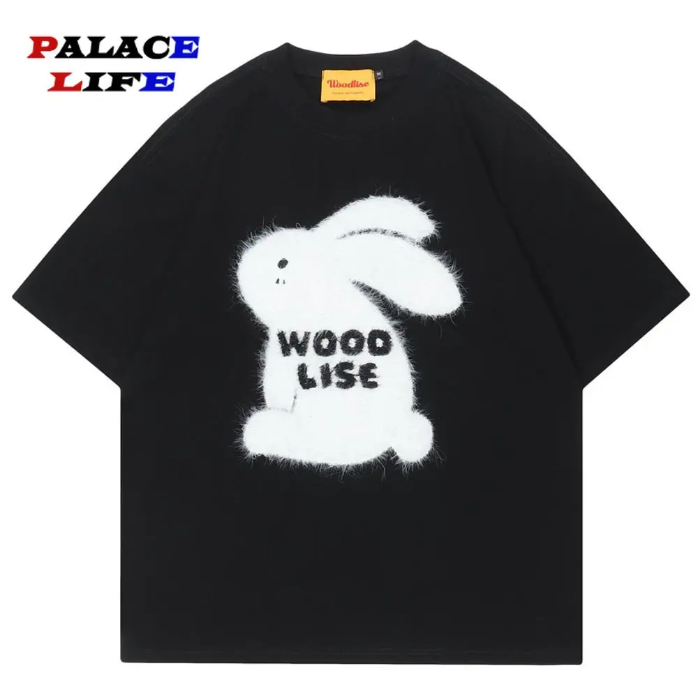 

Men Rabbit Embroidery Flocking T shirt Streetwear Summer Cotton T-Shirt Harajuku 2023 Soft T Shirt Black Red Tops Tees