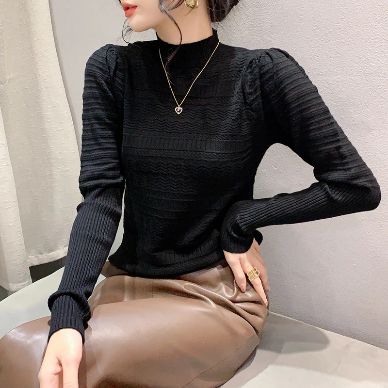 2024 New Fall Winter European Clothes Knitted Sweater Sexy Mock Neck Solid Tops Long Sleeve Women Casual Bottoming Shirt 312041