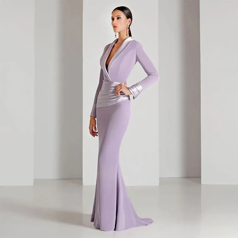 

Elegant V-neck Long Evening Dress Light Purple Long Sleeve Sheath Modern Floor Length Prom Gowns Vestidos De Noche