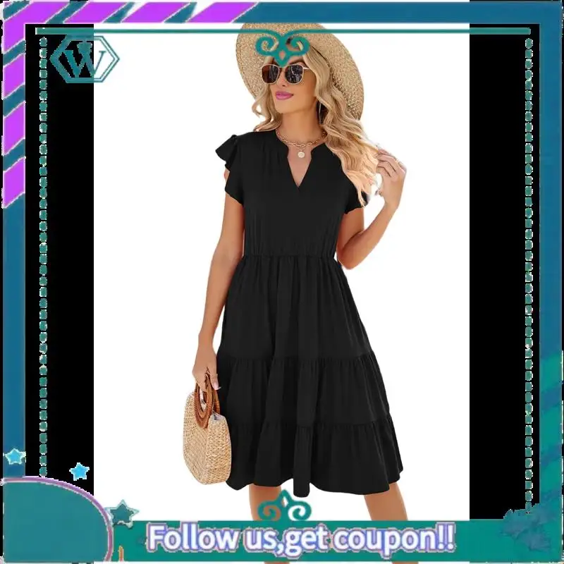 A09P Vestido feminino de verão com babados, manga com decote em V, vestidos midi, moda casual, ajuste flowy, em camadas, boho, praia