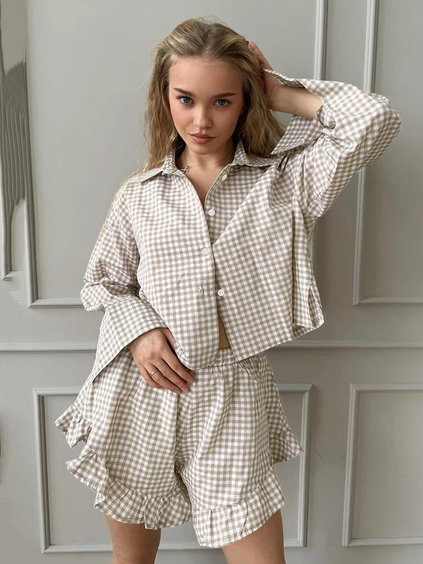 

Marthaqiqi Plaid Ladies Sleepwear Suit Turn-Downs Collar Pajama Long Sleeve Nightie Crop Top Pyjamas Shorts Female Nightwear Set