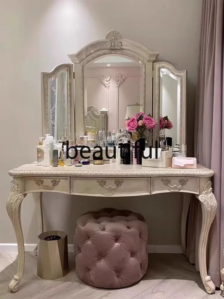 

American art dresser solid wood carving flower storage retro old makeup table dressing mirror