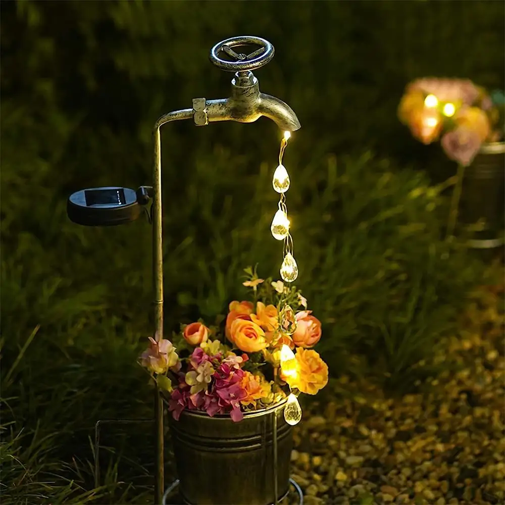 solar powered water faucet light chaleira sprinkler vaso de flores de gota de agua luz do gramado patio jardim de fadas ao ar livre 01