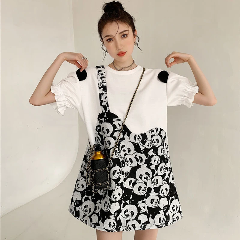 Fashion O-Neck Printed Spliced Fake Two Pieces Midi Dress Female Clothing 2024 Summer New Loose Butterfly Sleeve Casual Dress