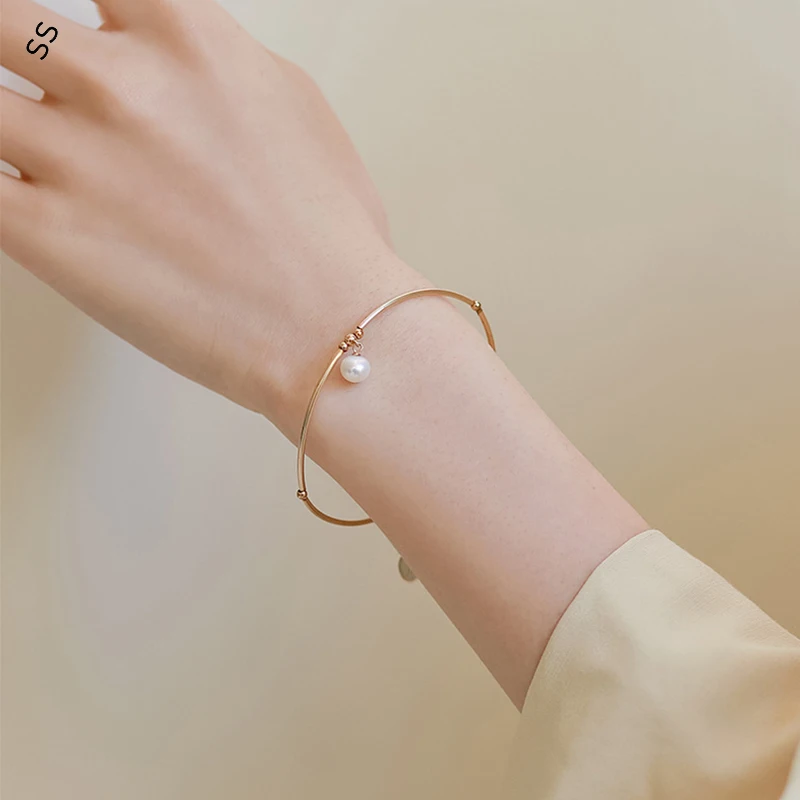 

14K Gold Bangles for Women Hand Accessory Natural Freshwater Pearl Pendant Bracelet Default 16CM Hand Circumference Non-fade