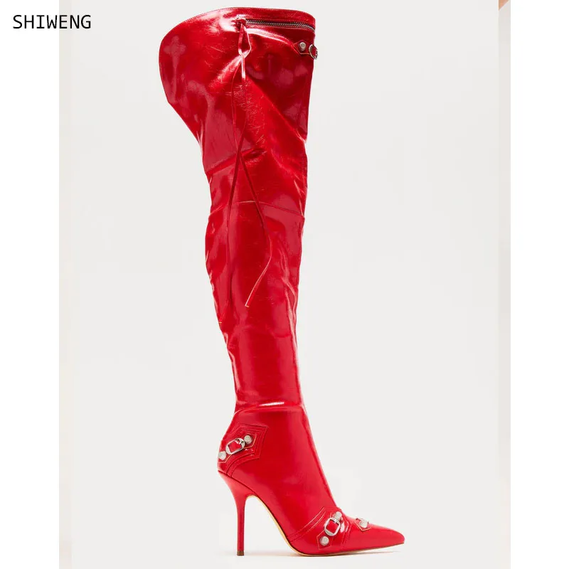 Tassel Rivets Red Patent Leather Thigh Boots Over Knee Sexy Women Pointed Stiletto Heels Pointed Texture Zip Pants Booties Shoe