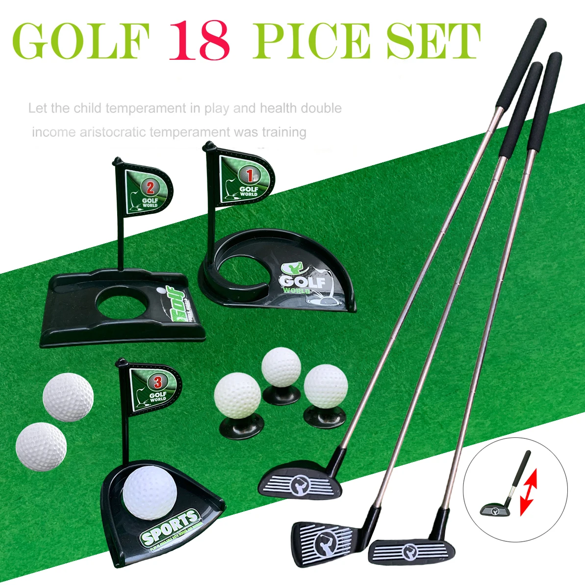 Latest Retractable Alloy Children\'s Golf Toy Play Set For Kids Toddlers Beginners  Practice Clubs Balls Holes Green Target Games