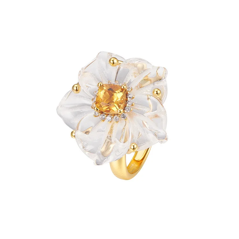 Natural Clear Quartz Citrine Gemstone 925 Sterling Silver Camellia Adjustable Ring Daily Gala Luxury Fine Jewelry Gift For Women