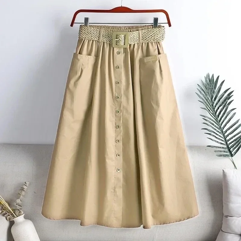 

Fashion Belt White Skirt Women Big Size 90kg Elastic Waist Cotton Summer Skirts Mid Length Single-Breasted A-Line Faldas P588