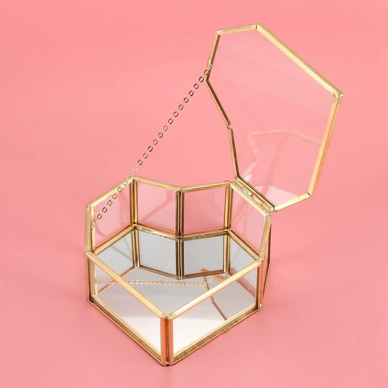 A74E-Flip Love Heart Shaped Geometric Glass Jewelry Box Glass Ring Box Exquisite Unique Wedding Jewelry Box Ring For Wedding Dec