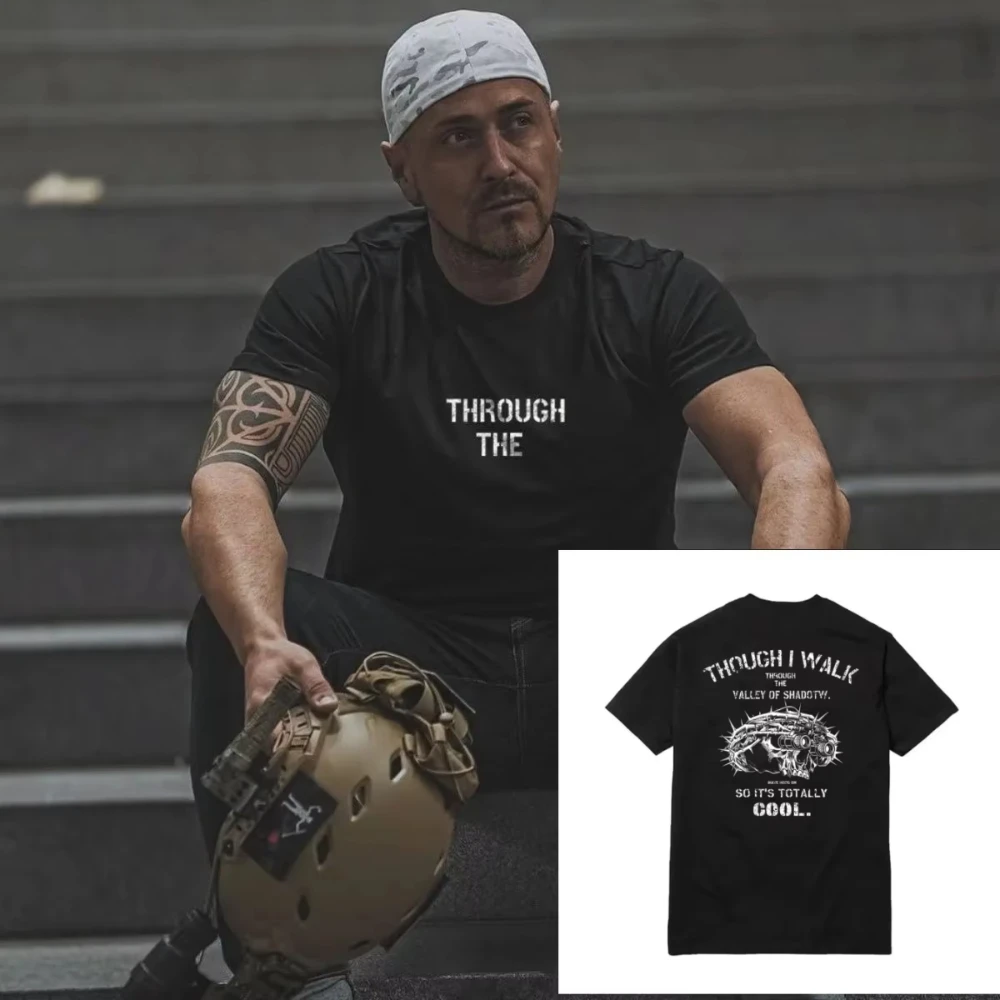 Though Walk Print Short Sleeve Casual Cotton T-shirt Summer Men Loose Military Fans Tee Fashion Outdoor Training Comfortable Top