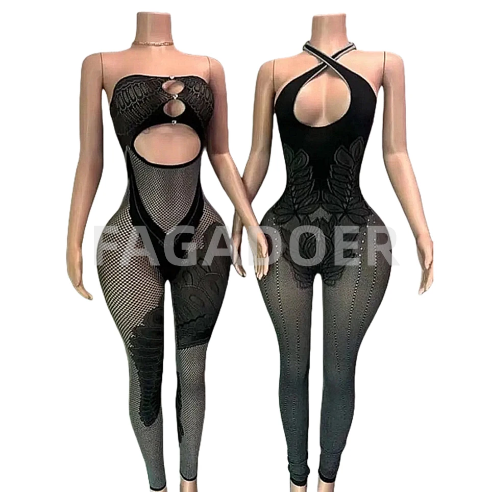 FAGADOER Sexy pizzo spesso Hollow Splicing Tute aderenti Donna senza maniche Backless Slim Tube Tutina da discoteca femminile nel complesso