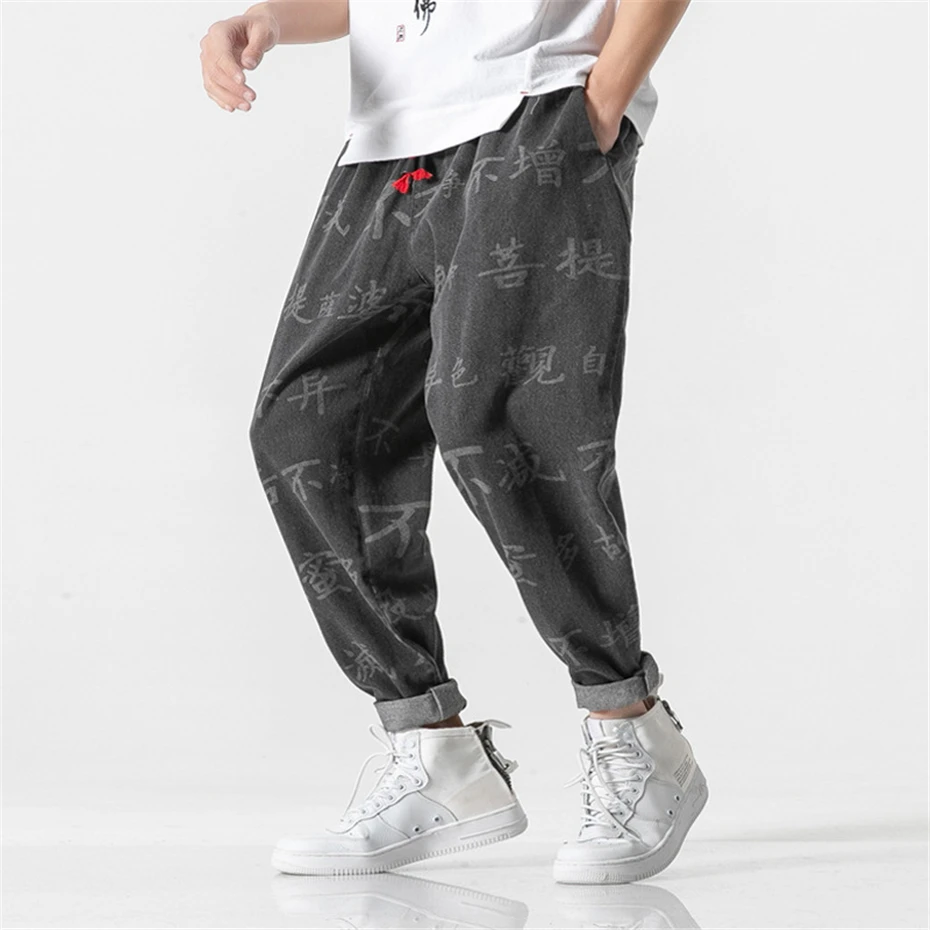 Denim Pants Men Chinese Printed Jeans Hip Hop Streetwear Jogger Pants Male Fashion Casual Jeans Elastic Waist