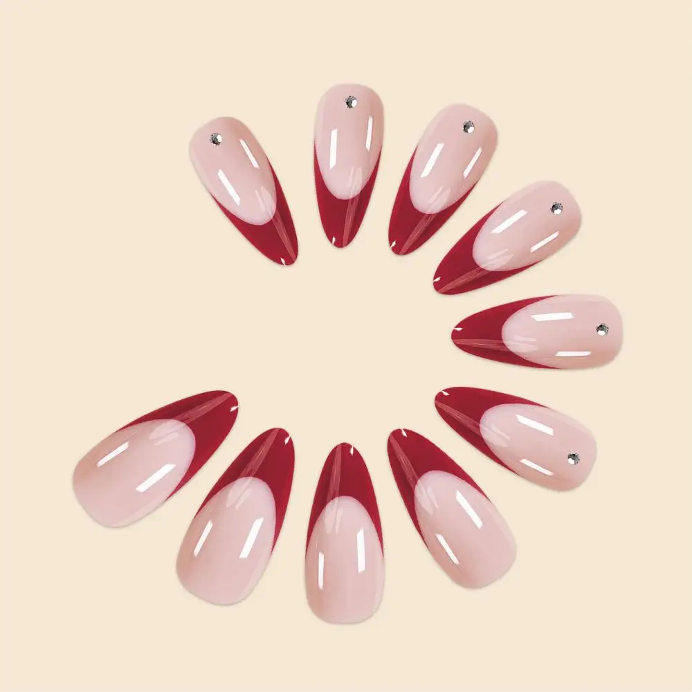 24Pc Middle Size French Red Border Setting stones Simplicity Versatile Women Full Coverage Fake Nails Set