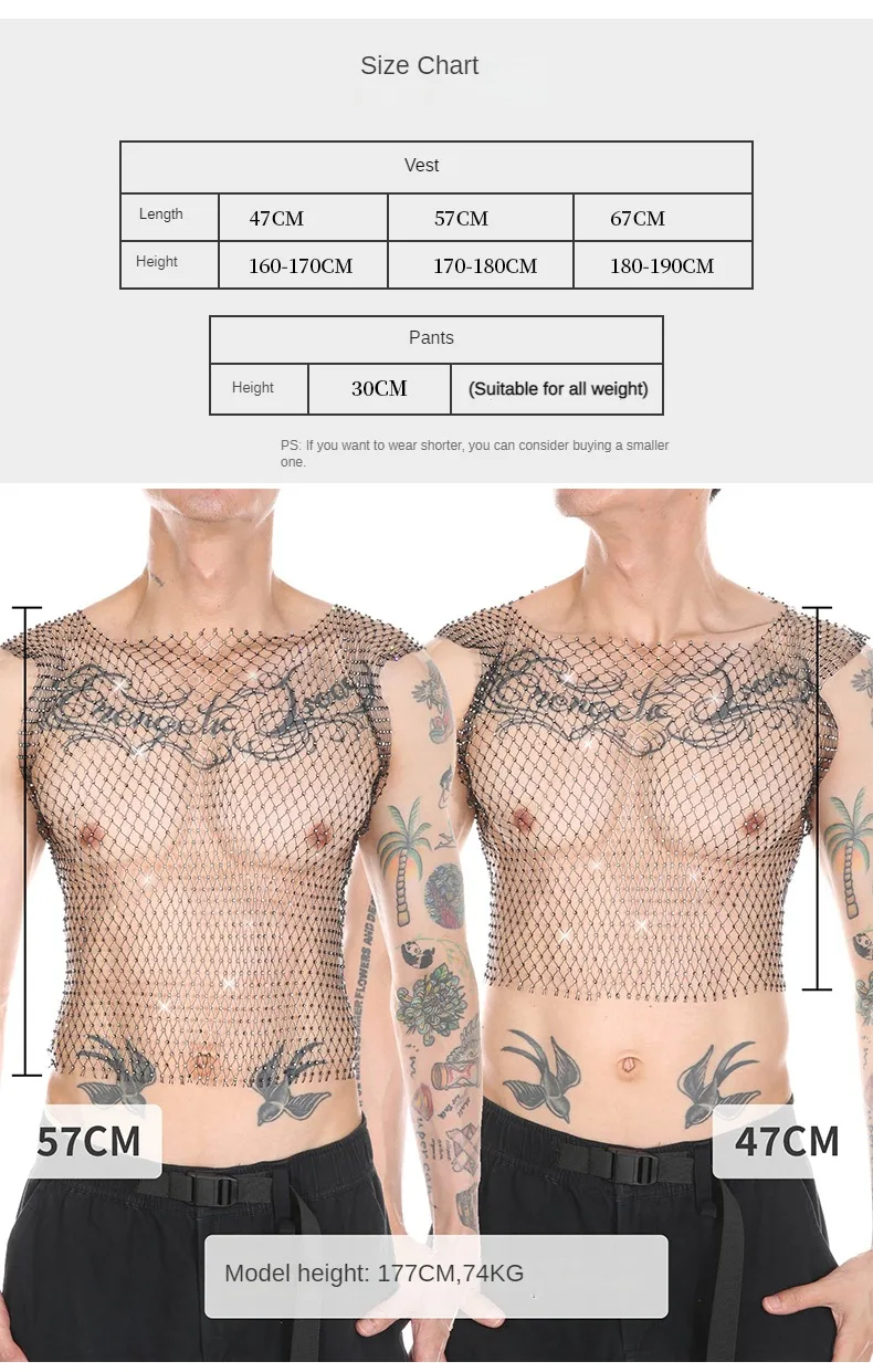 CLEVER-MENMODE Hommes Sexy Sheer Mesh Précieux Y-Boxers Ensemble Transparent Résille Strass Précieux GlaCulottes Gym Tees Costumes