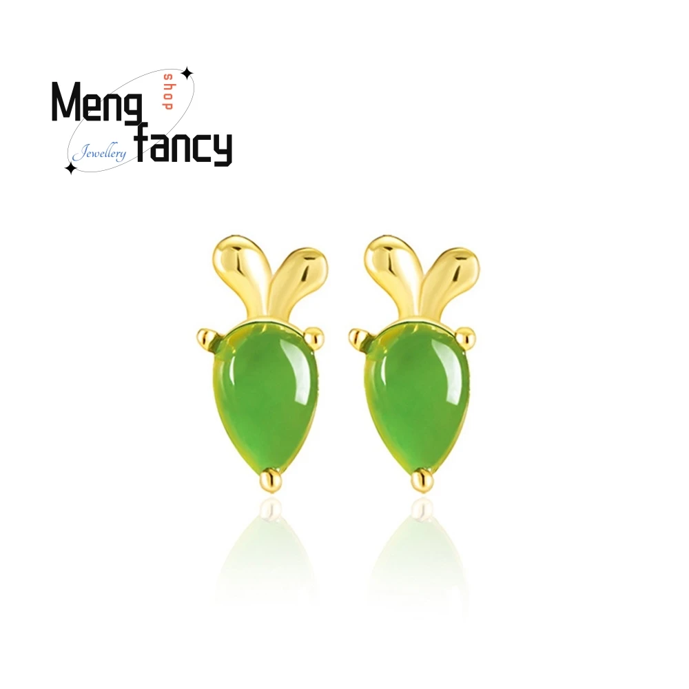 

Spinach Green Natural Old Material Hetian Jade Jade Radish Earrings Authentic Female S925 Silver Inlaid Jade Popular Earrings