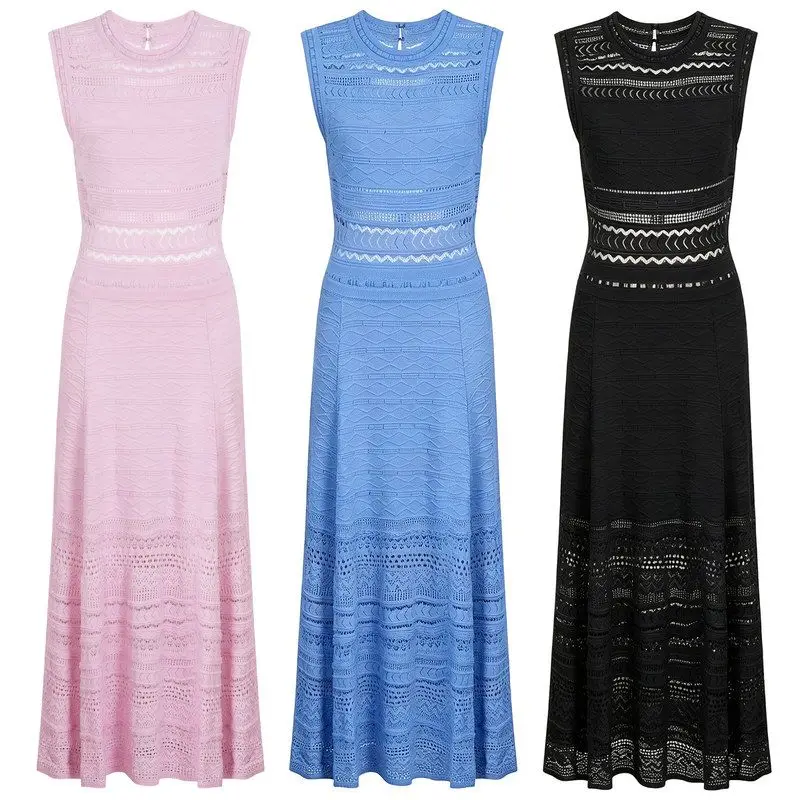 

Elegant Hollow out Floral Summer New Style Slimming Fashion Sleeveless Dress for Ladies High Quality mid Waist A-Line Skirt