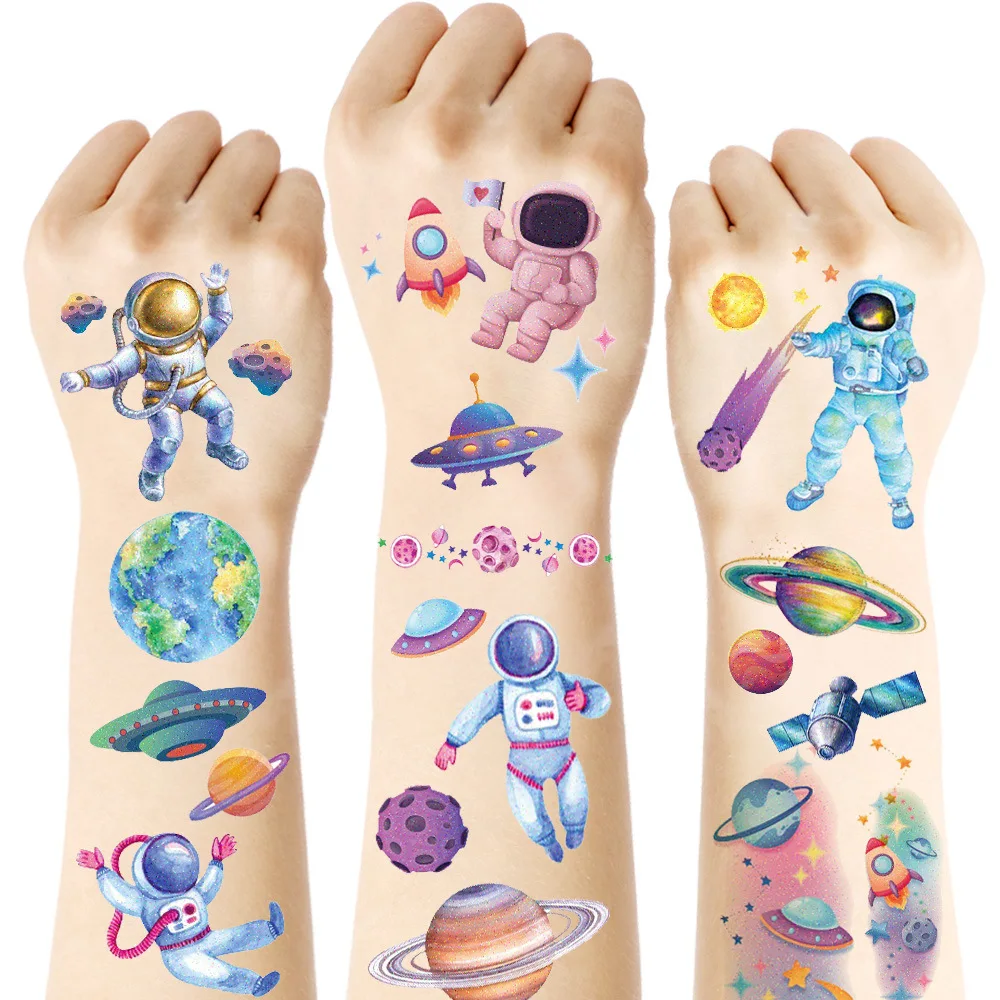 12 Sheets Glitter Galaxy Outer Space Astronaut Theme Temporary Tattoos for Kids Birthday Party Favors Baby Shower Pinata Fillers