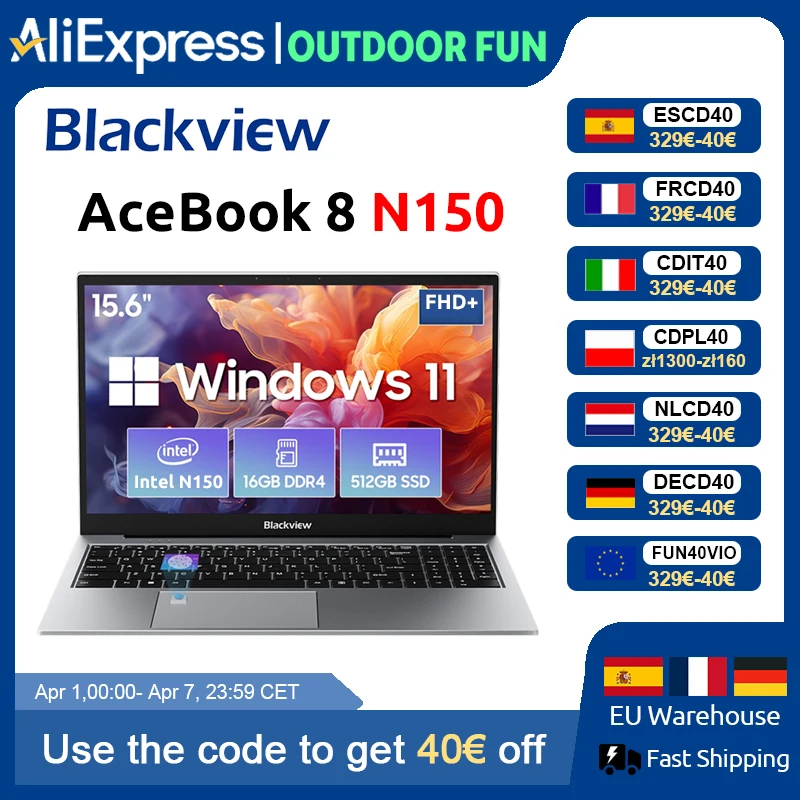 Blackview AceBook 8 Laptop 15.6" Procesador Intel N150 16GB RAM 512GB SSD + expansión hasta 1TB Windows 11 Home 15.6"