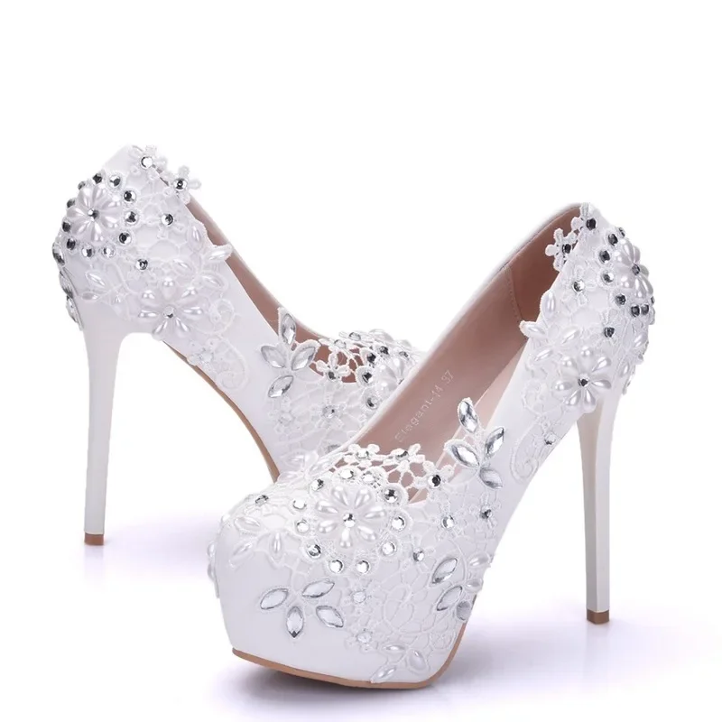 Wonen Pumps Platform Rhinestone Flower Fashion Office Shoes Round Toe Thin Heels 14CM High Heels Platform Women\'s Wedding Shoes