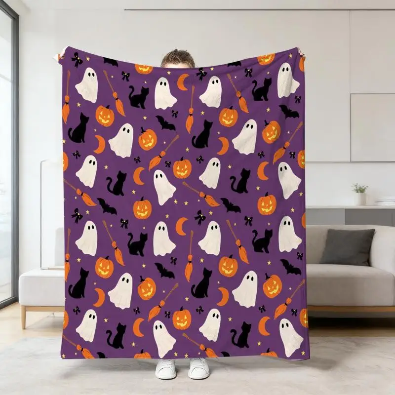 Halloween Warme Weiche Decke mit Geister-, Kürbis- und Totenkopf-Druck, Flanell-Schlafdecken, Multifunktionale Dekorative Decken – Detail 11