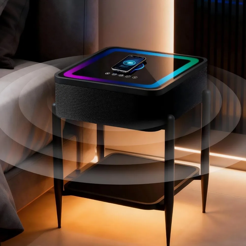 LED Smart Nightstand with Bluetooth Speaker & Wireless Charging, Modern End Table with RGB Lights, Tempered Glass Touch Panel, U