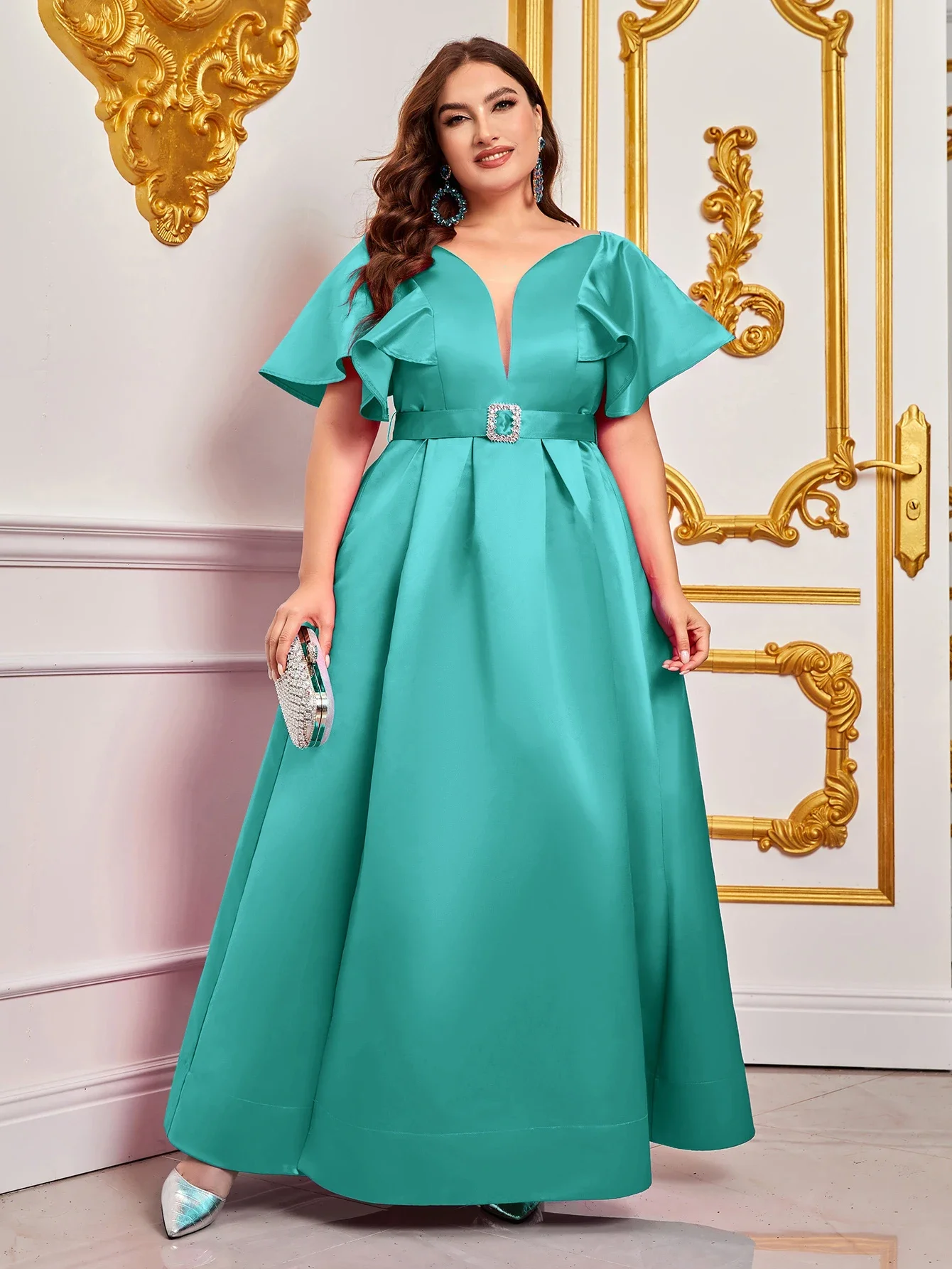 Plus Rhinestone Detail Belted Ruffle Sleeve Satin Dress