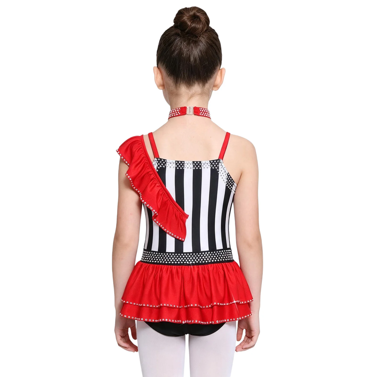 Children Circus Ringmaster Costume Girls Ballet Jersey Leotard Rhinestones Striped Jumpsuit Bodysuit with Choker Halloween Party