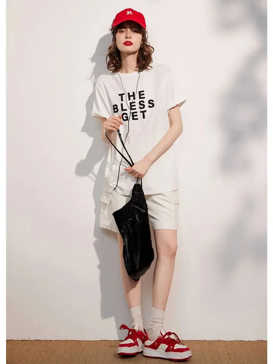 LOUIS YAO Women Tee 2024 Summer New 100% Cotton Embroidery Letters Fashion Loose T-shirt O Neck Short Sleeve Casual Pullover Top