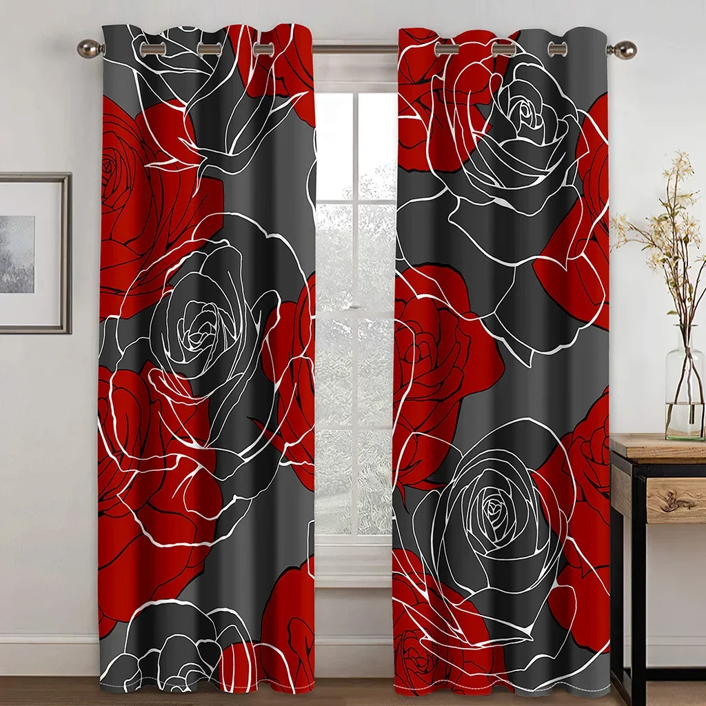 Cheap Black Red Rose Flower Skeleton Couple 2 Pieces Free Shipping Thin Curtains for Living Room Bedroom Window Drape Decoration