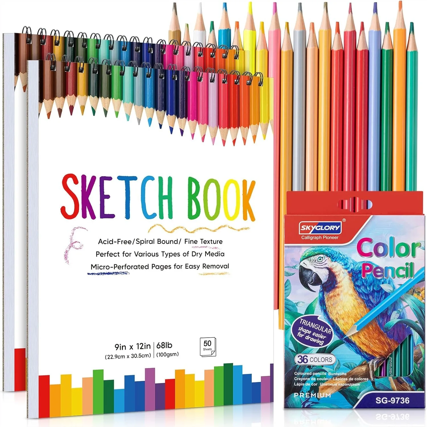 

2 Pack Spiral Sketchbook With 36 Colored Pencil Set For Kids Artists Drawing Supplies 9x12 Inch