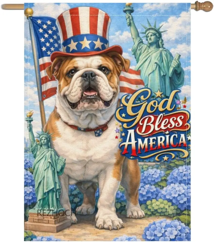 Funny Bulldog God Bless America Garden Flag 28x40inch,Patriotic Dog USA Flags,4th of July Home Outdoor Decor,Outside Floral  AAS
