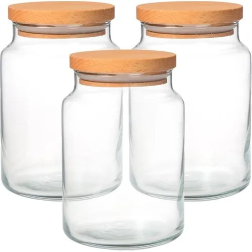 Iliva 3'lü Glass Jar Storage Container Set With Bamboo Lid and Vacuum 800 ml